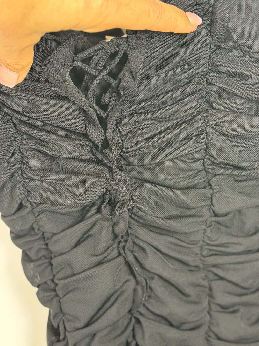 American Threads Black Ruffle Mesh Ruched Bodysuit - Picture 5 of 8